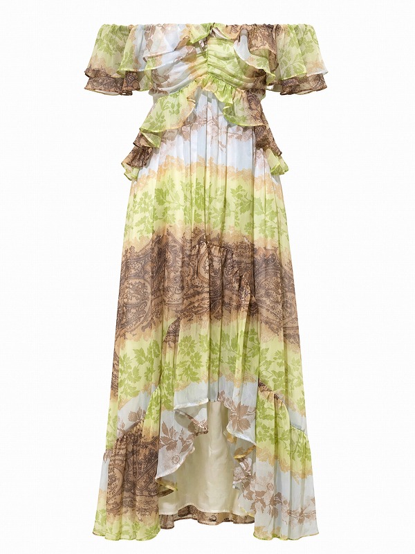 【新品DRESS 970】グラデーションカラーウエストサイドカットアウトフリルオフショルロングドレス ライトグリーン【asos】
